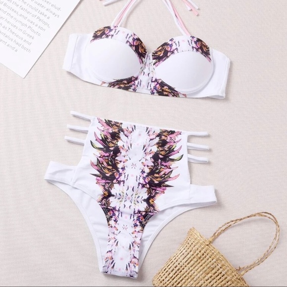 White High Waist Swimsuit in Pink Floral Tummy Control Size Large Size 8 10 - Picture 5 of 5